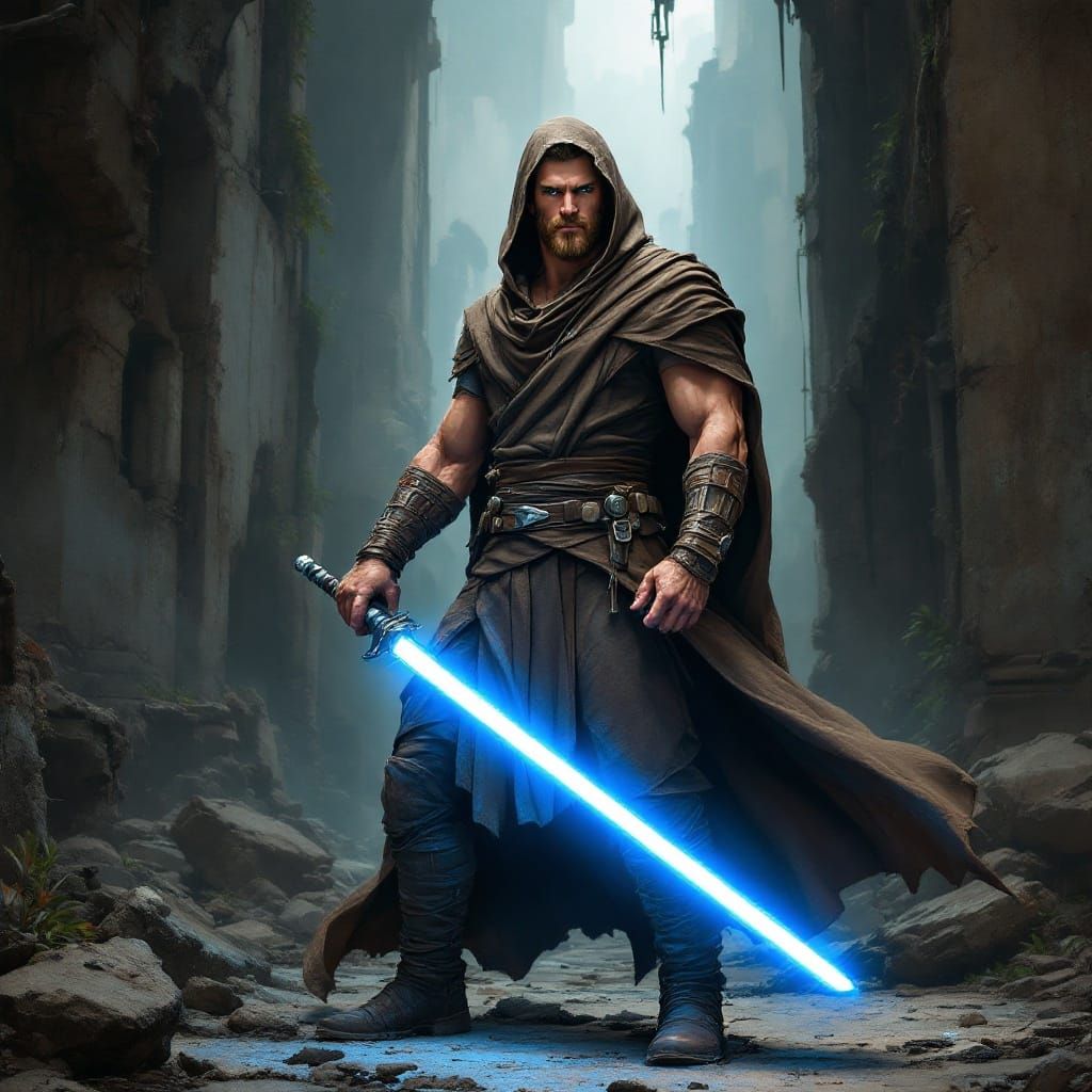 Cyberpunk Jedi Knight Stands Amidst Abandoned City Ruins
