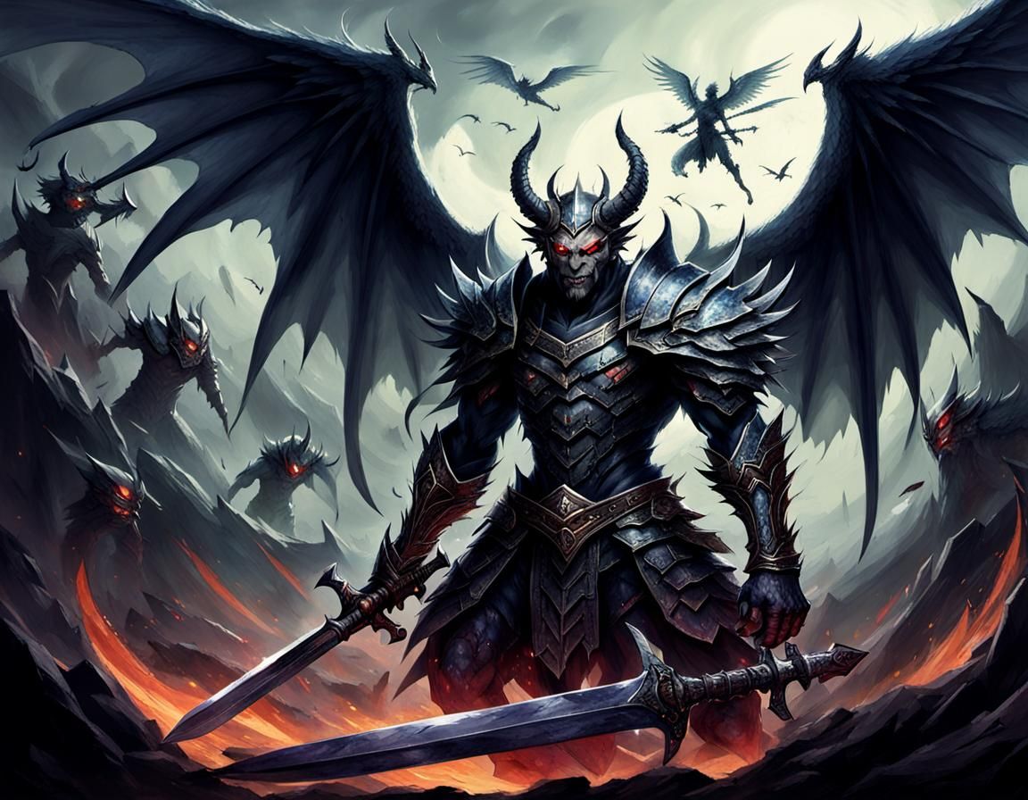 Winged Demons with Swords in Dark Fantasy Style