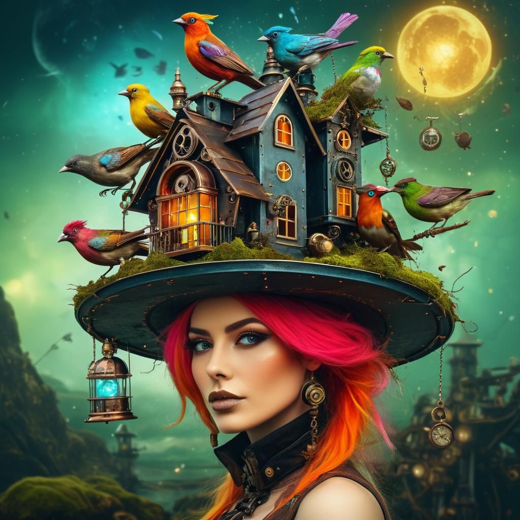 Steampunk Lady with Birdhouse Hat on Alien Planet
