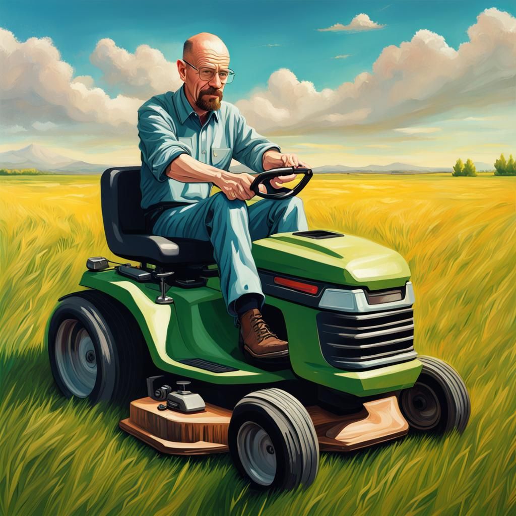 Hyperrealistic Man Riding Lawnmower in Open Field