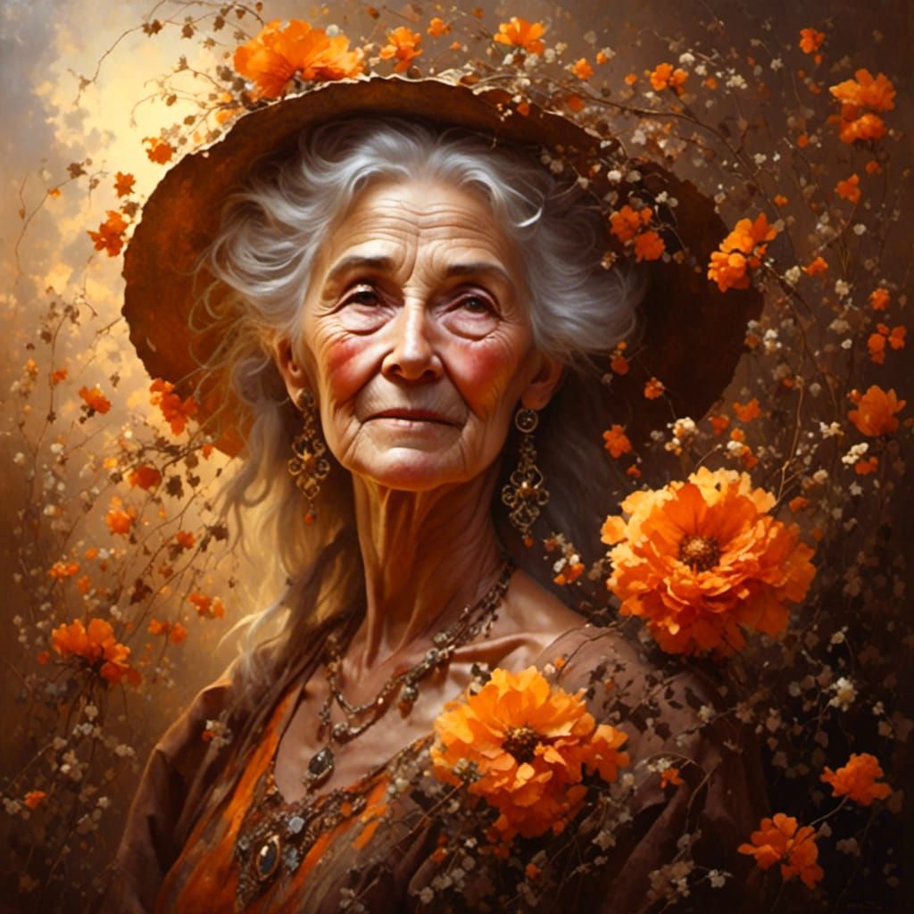 Cozy Portrait of an Old Woman in Floral Setting