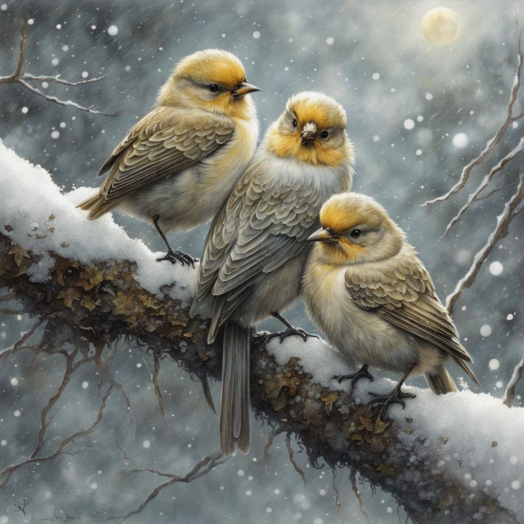 Birds Huddle in Winter Snow: Detailed Illustration