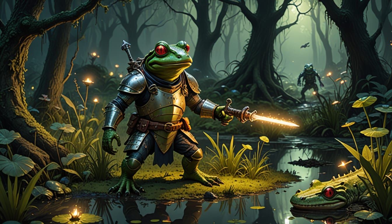 Medieval Frog Knight Battles Evil Alligator in Enchanted Swa...