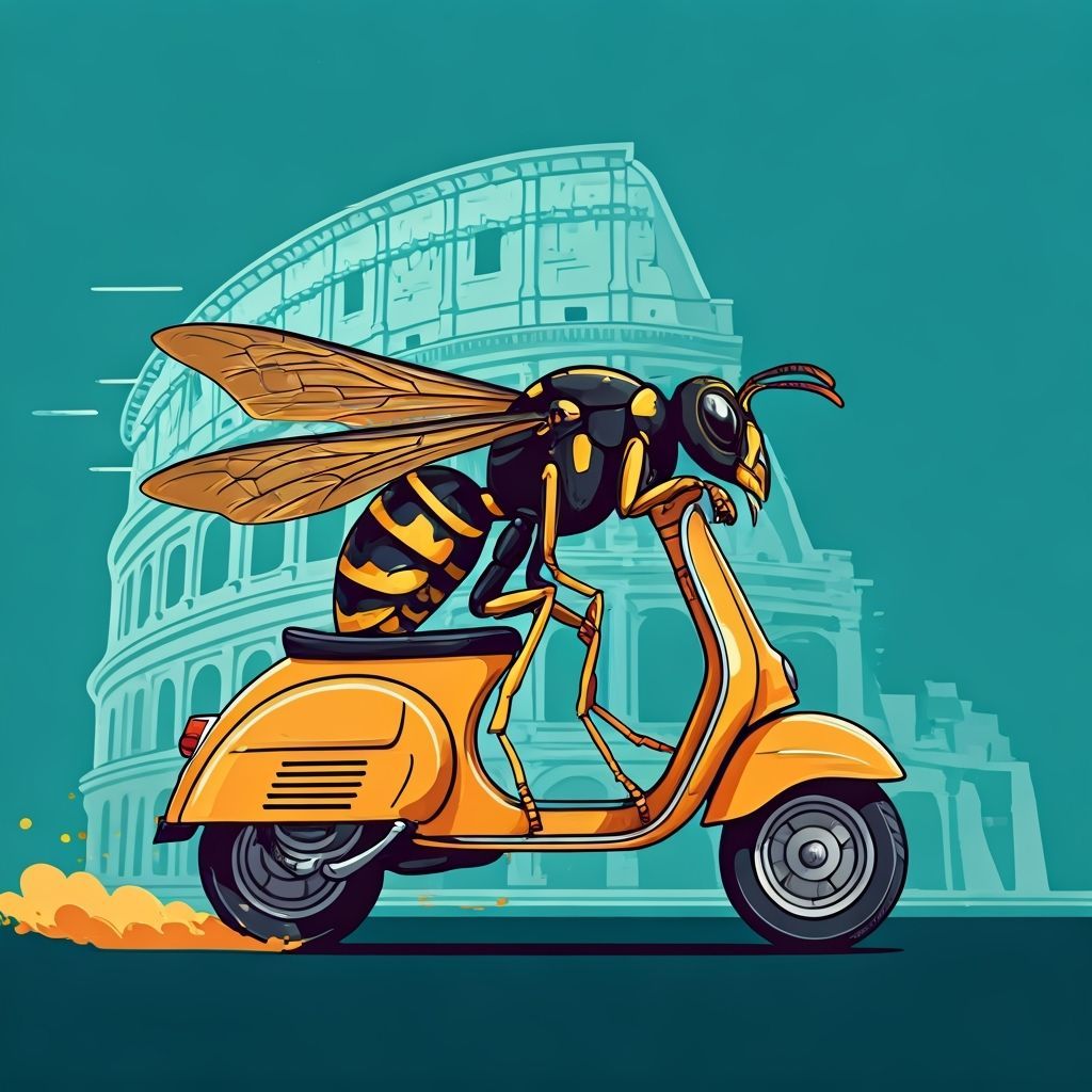A wasp riding a Vespa fast past the Colloseum