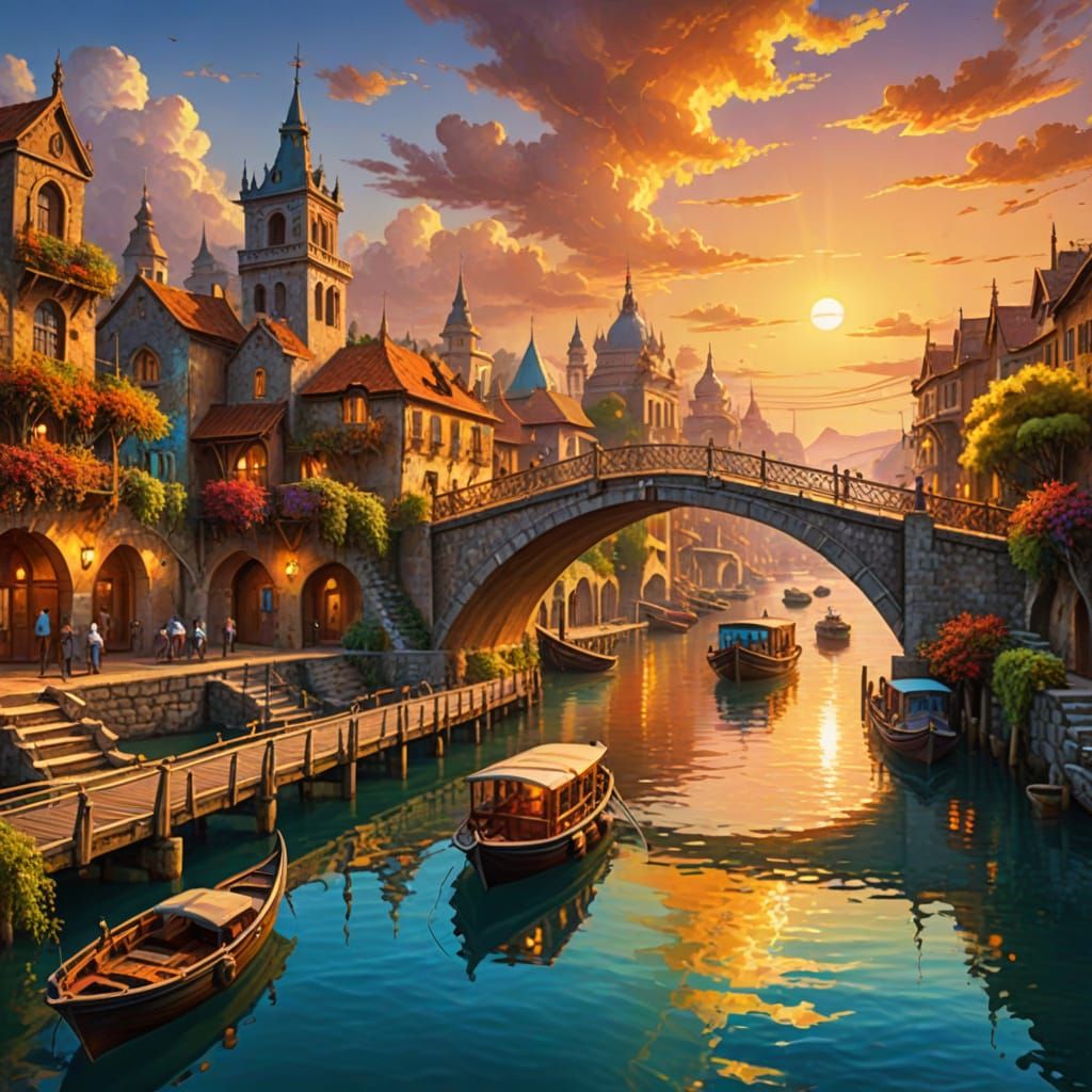 Majestic Fantasy Cityscape with Boats and Bridges