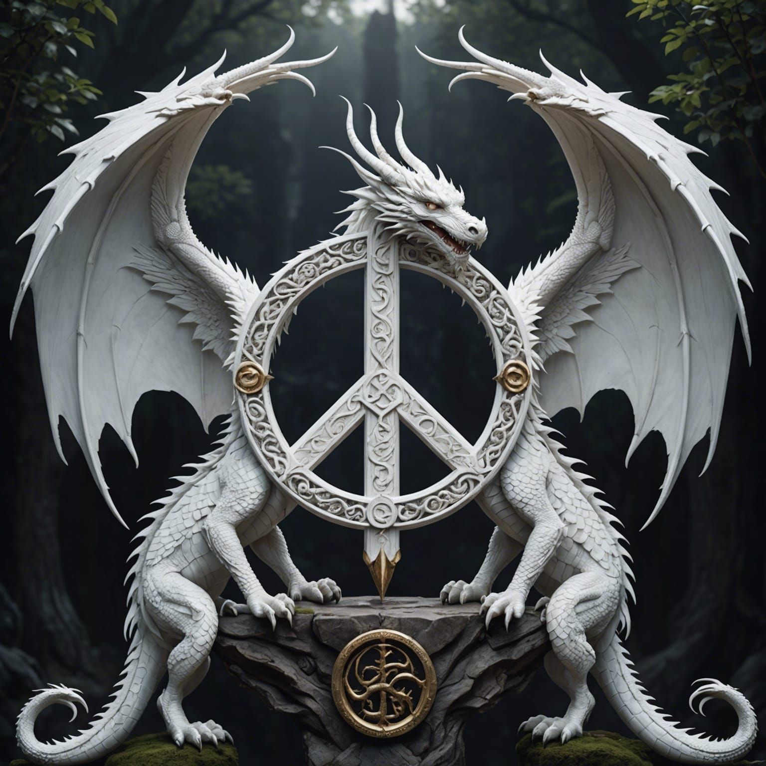 Peace Symbol Guarded by White Dragons in 8K