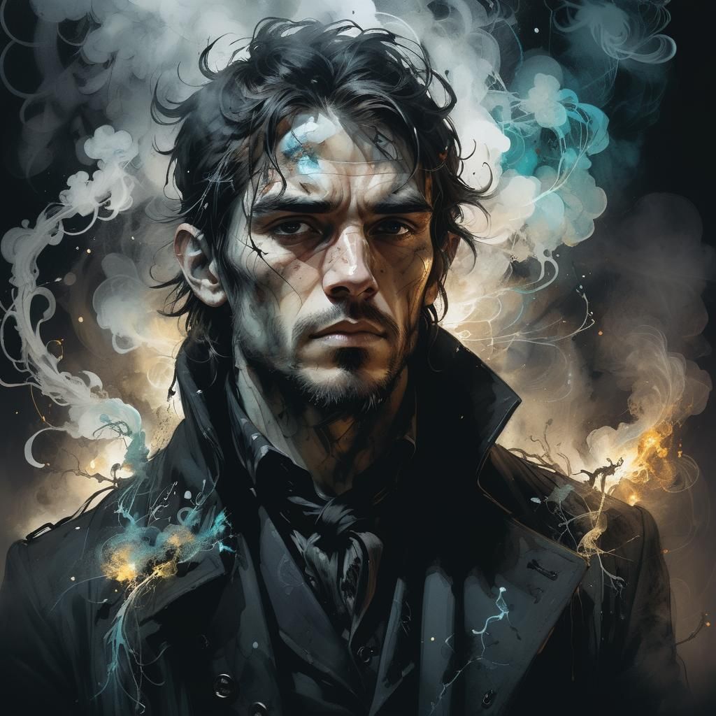 Dark Fantasy Man in Mist, Pen and Ink Drawing