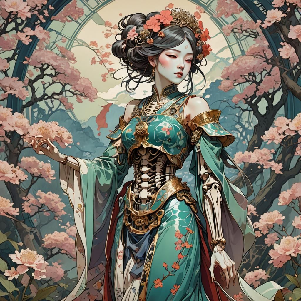 Queen Himiko Skeleton in Mucha-Inspired Sakura Garden