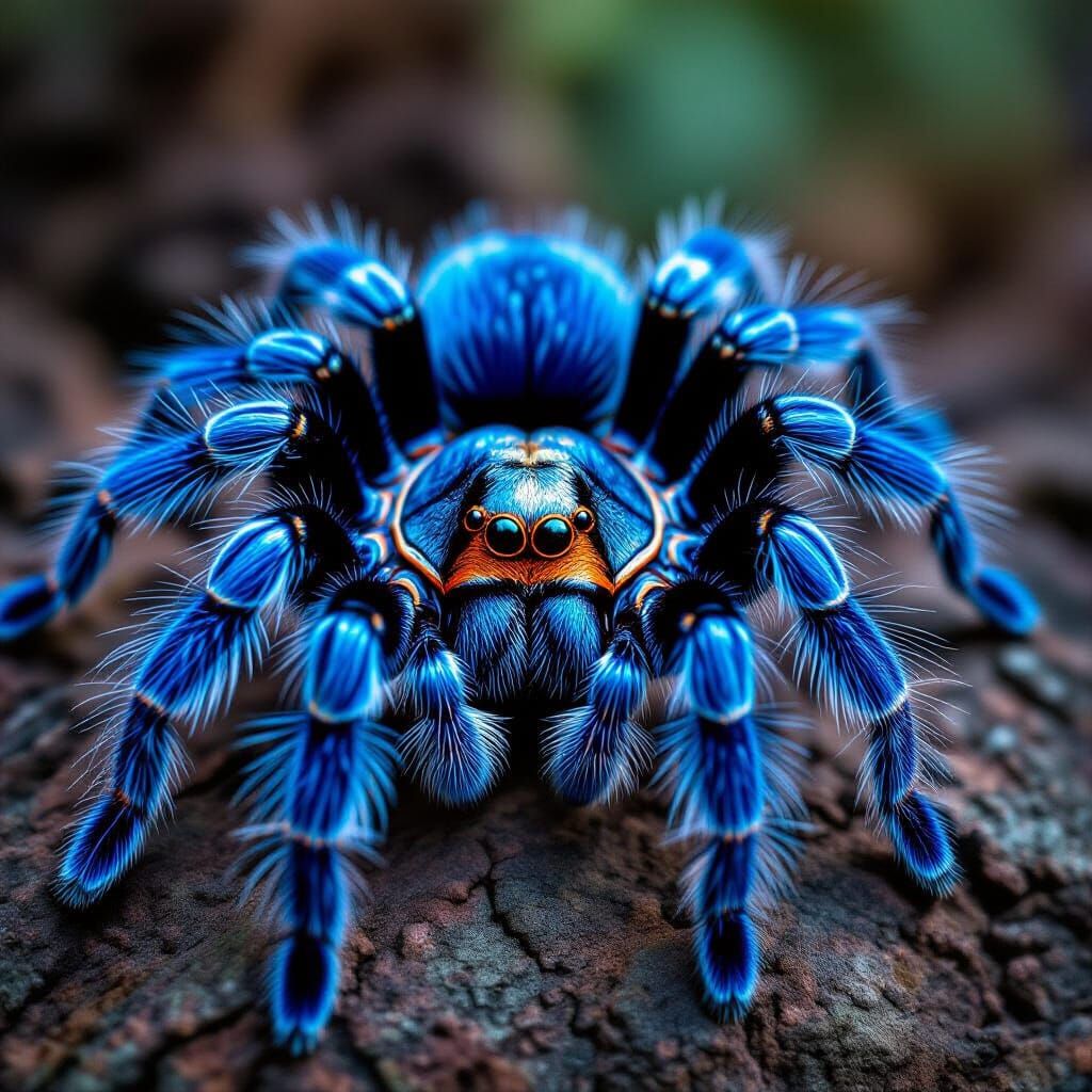 Electric Blue Tarantula Against Tree Bark