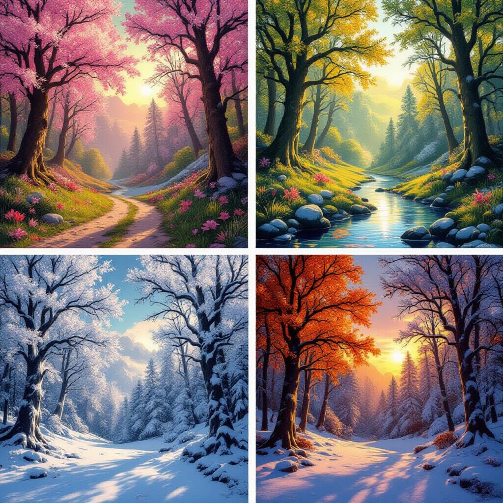 Forest Through Four Seasons in Matte Painting Style
