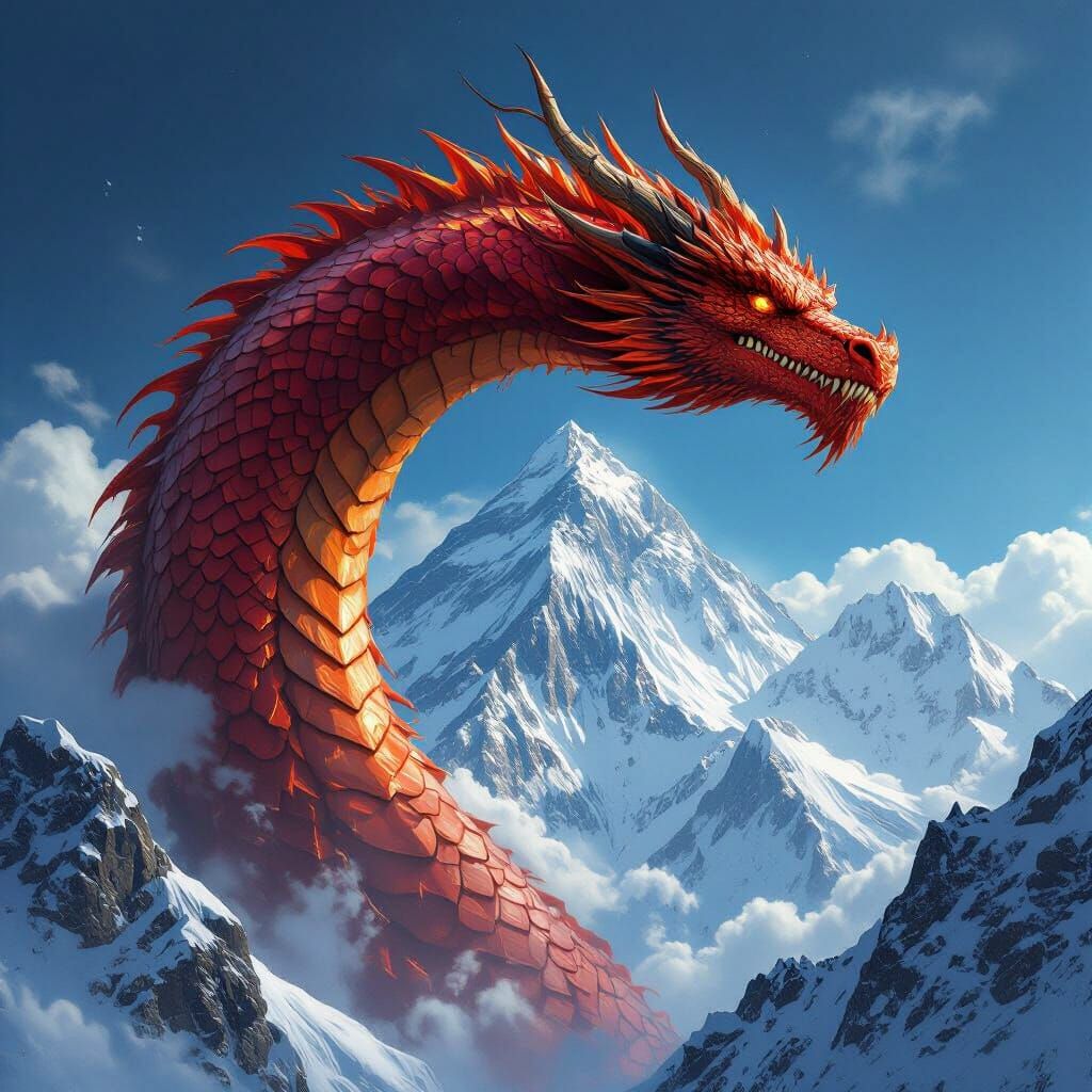 Colossal Red Dragon Soars Over Mount Everest in Epic Fantasy...