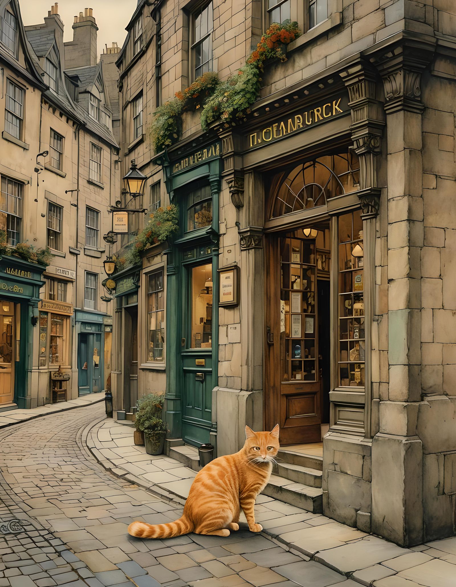 Edinburgh Street Scene with Orange Tabby Cat