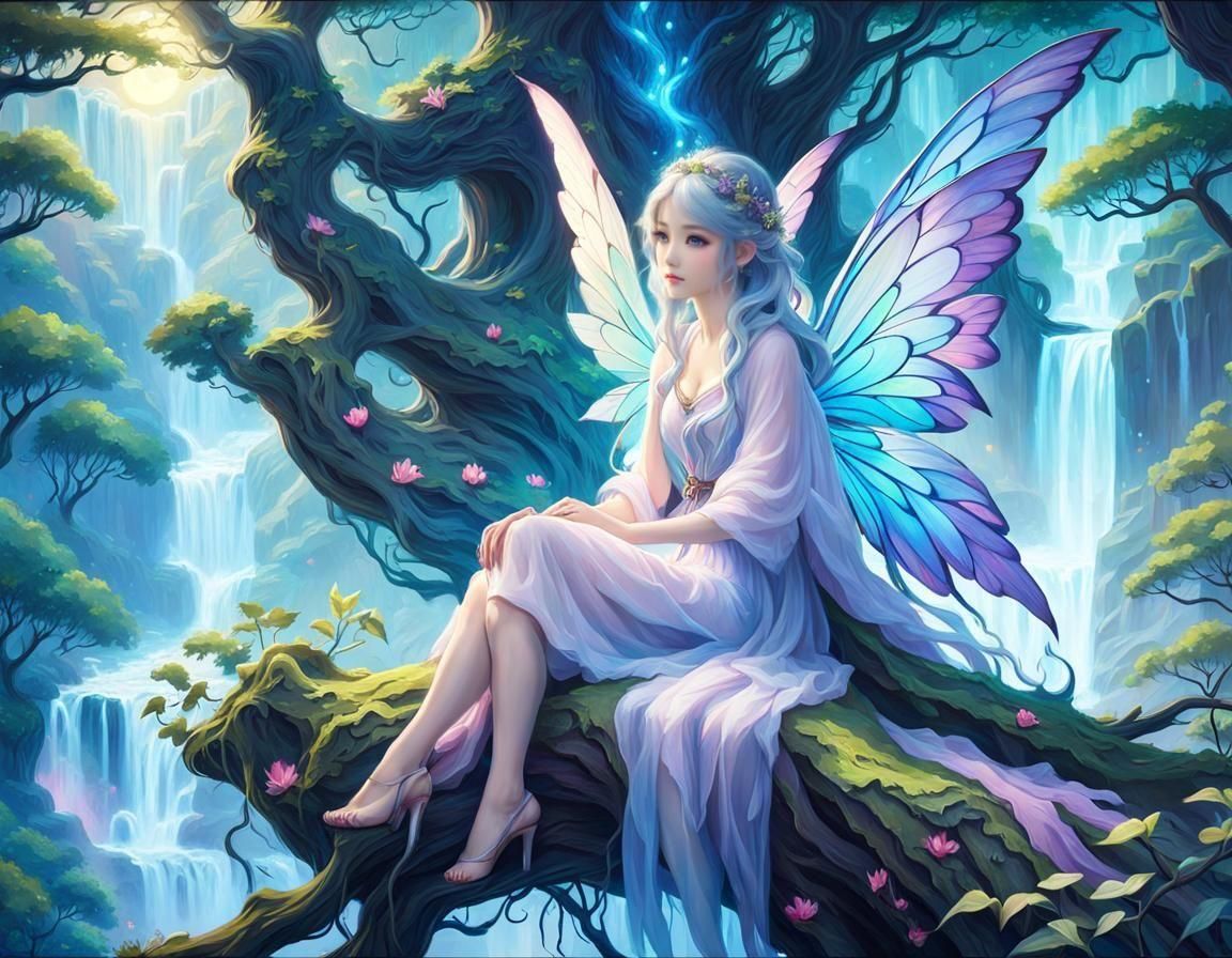 Ethereal Fairy Overlooking Waterfall in Anime Style