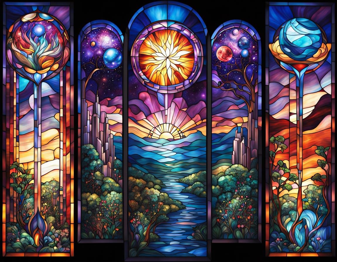 Stained glass sunset with galaxies