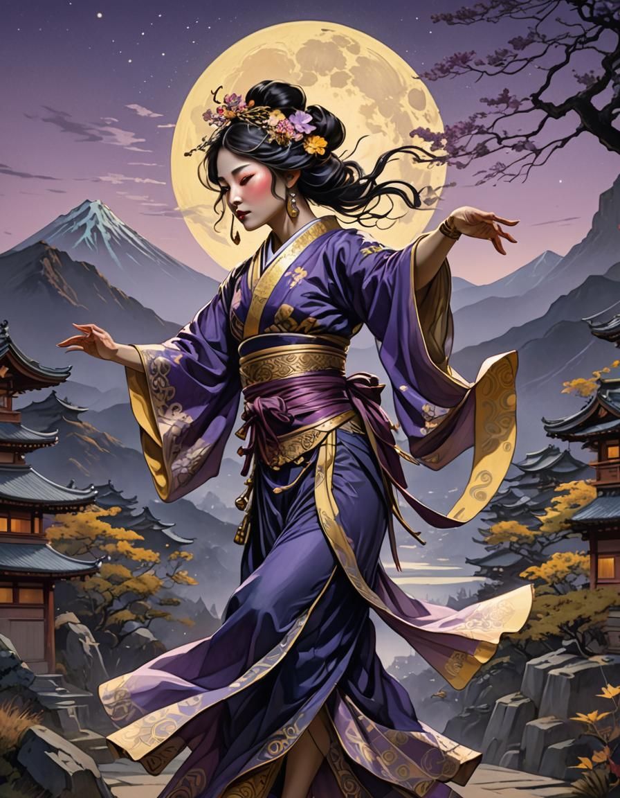 Japanese Dancer in Moonlight, Dark Fantasy Art