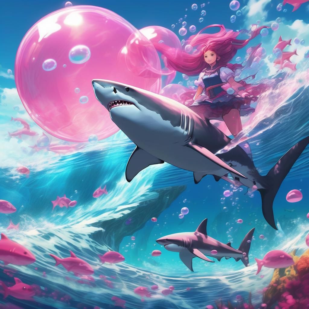 Shark Queen in Bubble Ocean, Cel-Shaded Anime Art