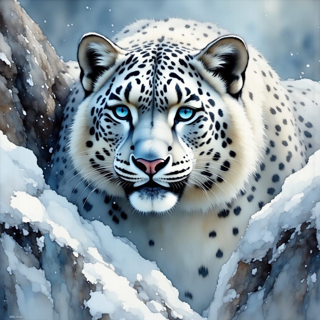 Impasto Oil Painting of Brave Snow Leopard in Arctic Storm