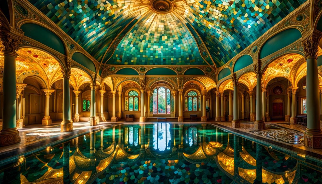 Submerged Mosaic Courtyard with Mermaid in Art Nouveau Style
