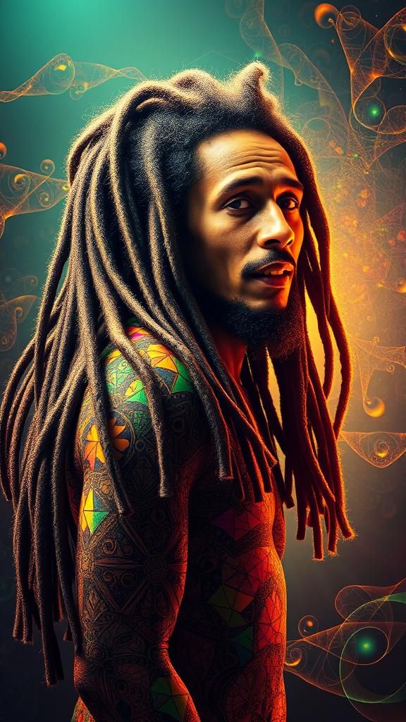 🎶 Bob Marley with intricate geometric figures & filigree on his body 🇯🇲