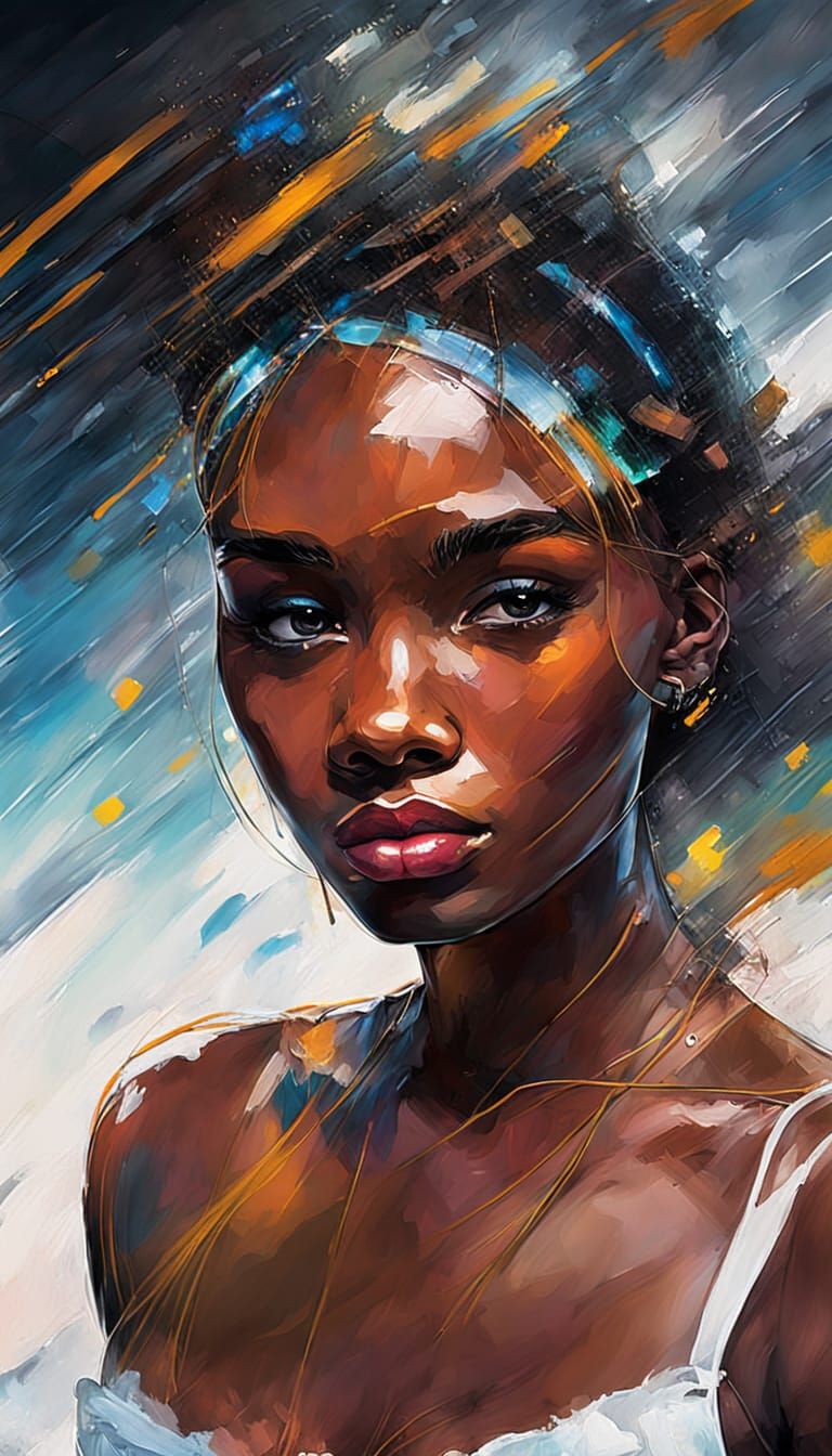 African Woman in Winter Seascape, Watercolor Style