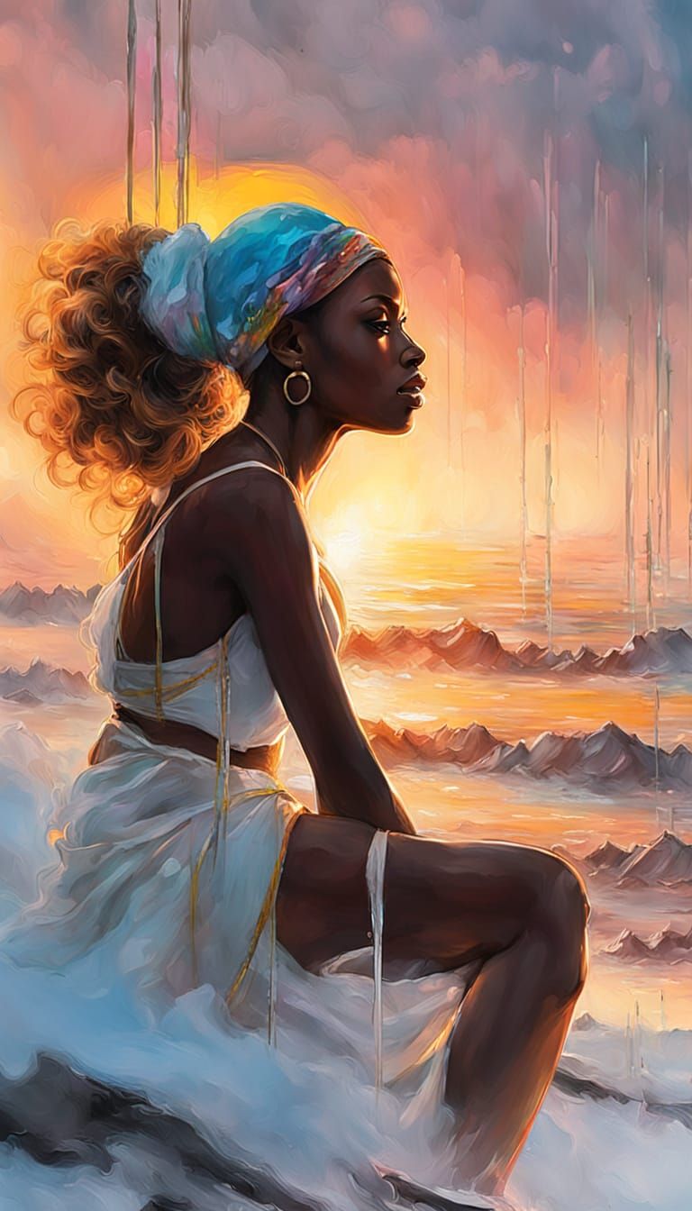 African Woman in Winter Seascape, Palette Knife Style