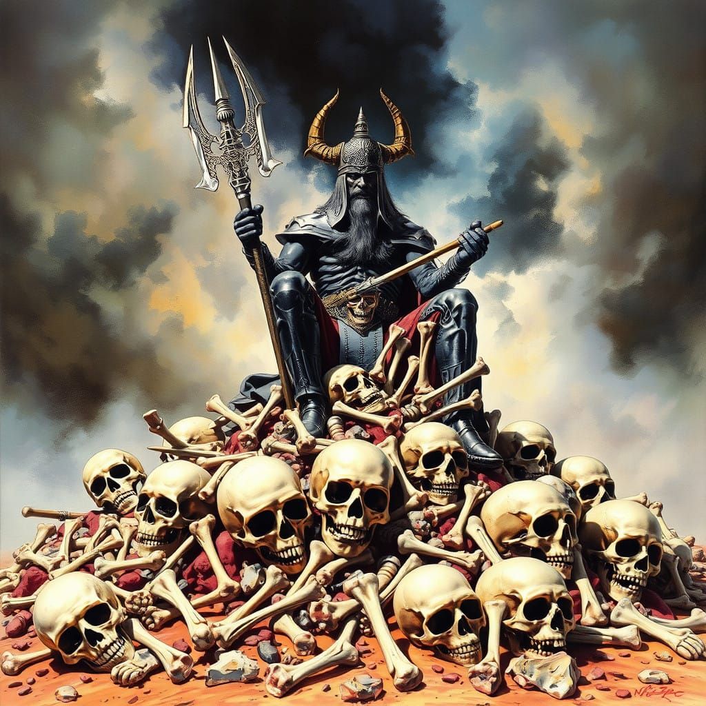 Powerful Barbarian Seated Amongst a Macabre Trove of Human R...