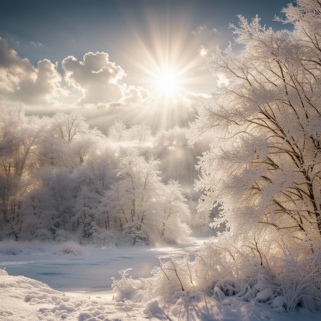 Icy Winter Landscape with Heavenly Sunshine