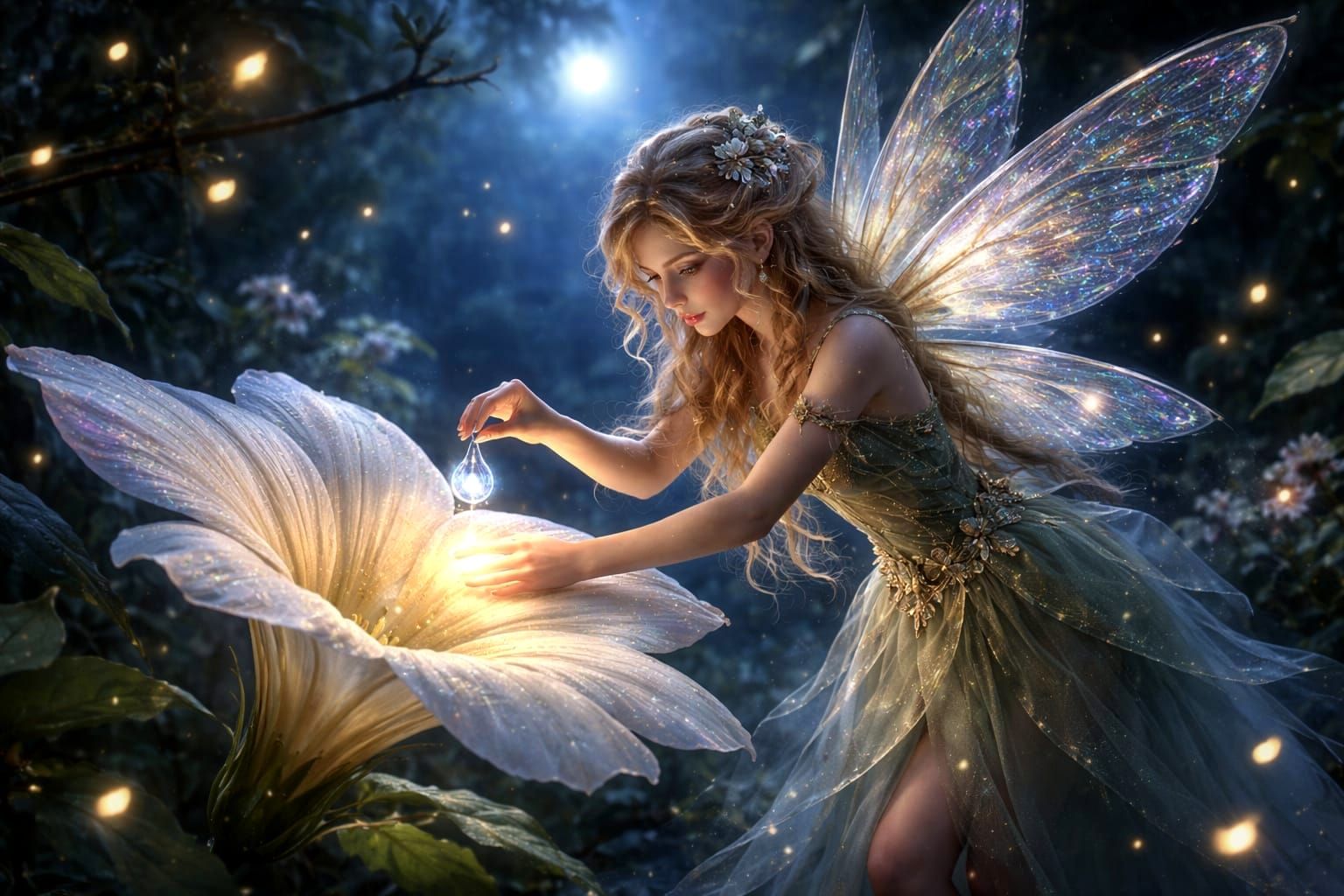 Mischievous Fairy Places Glowing Dewdrop on Moonflower