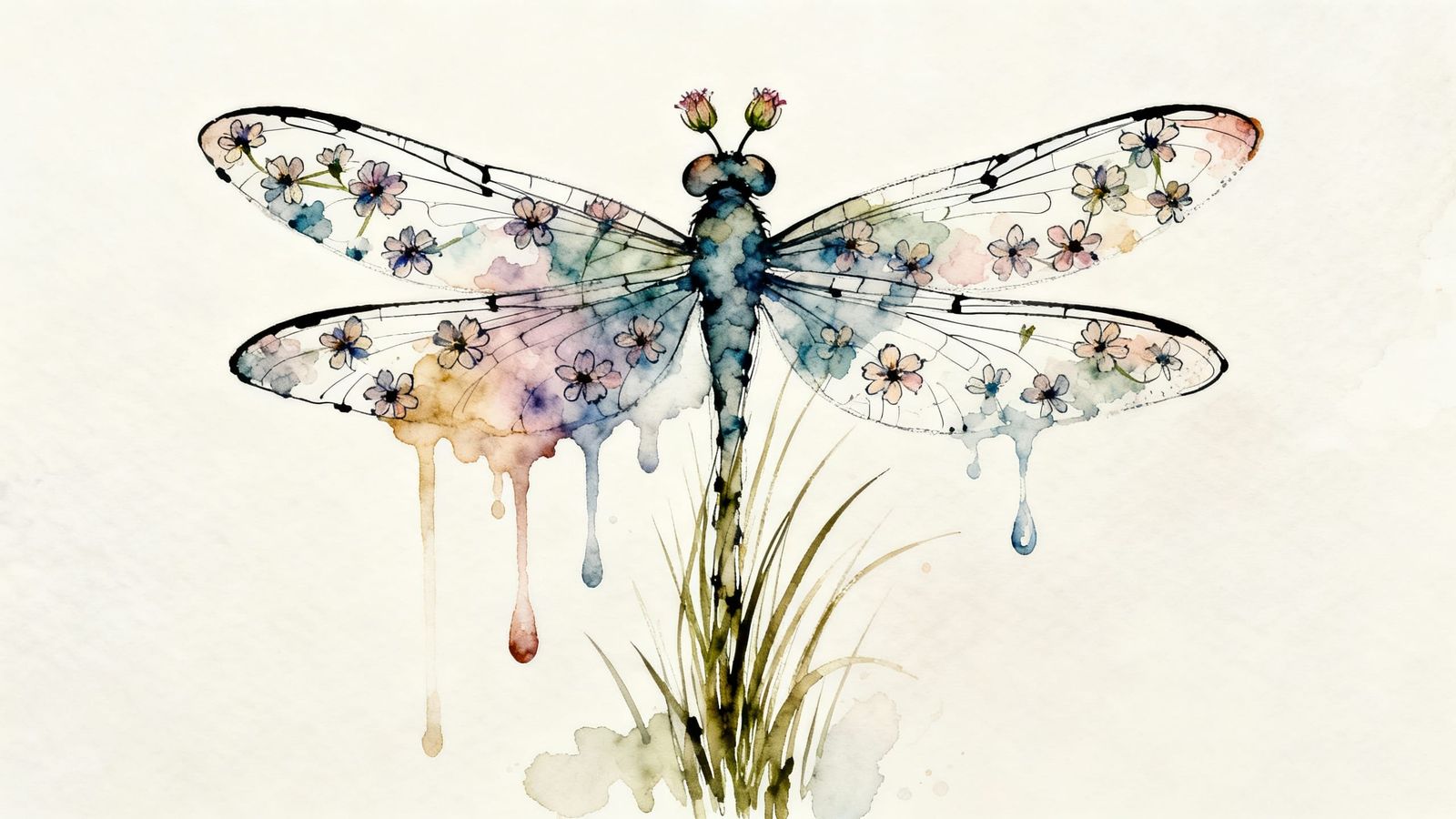 Fantasy Dragonfly Made of Flowers and Grasses in Watercolor