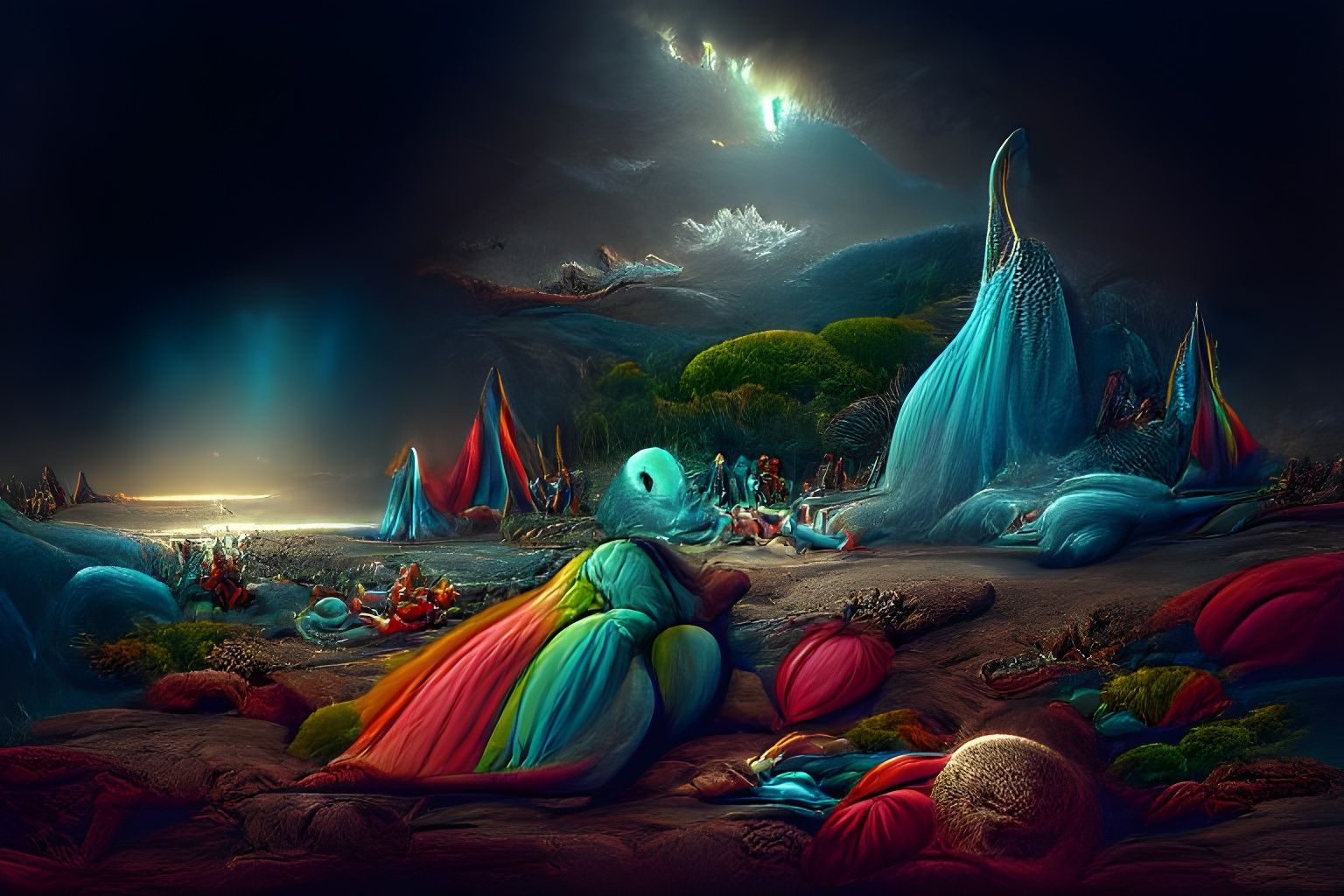 Bioluminescent Beach on Alien Planet in Gustave Dore Style