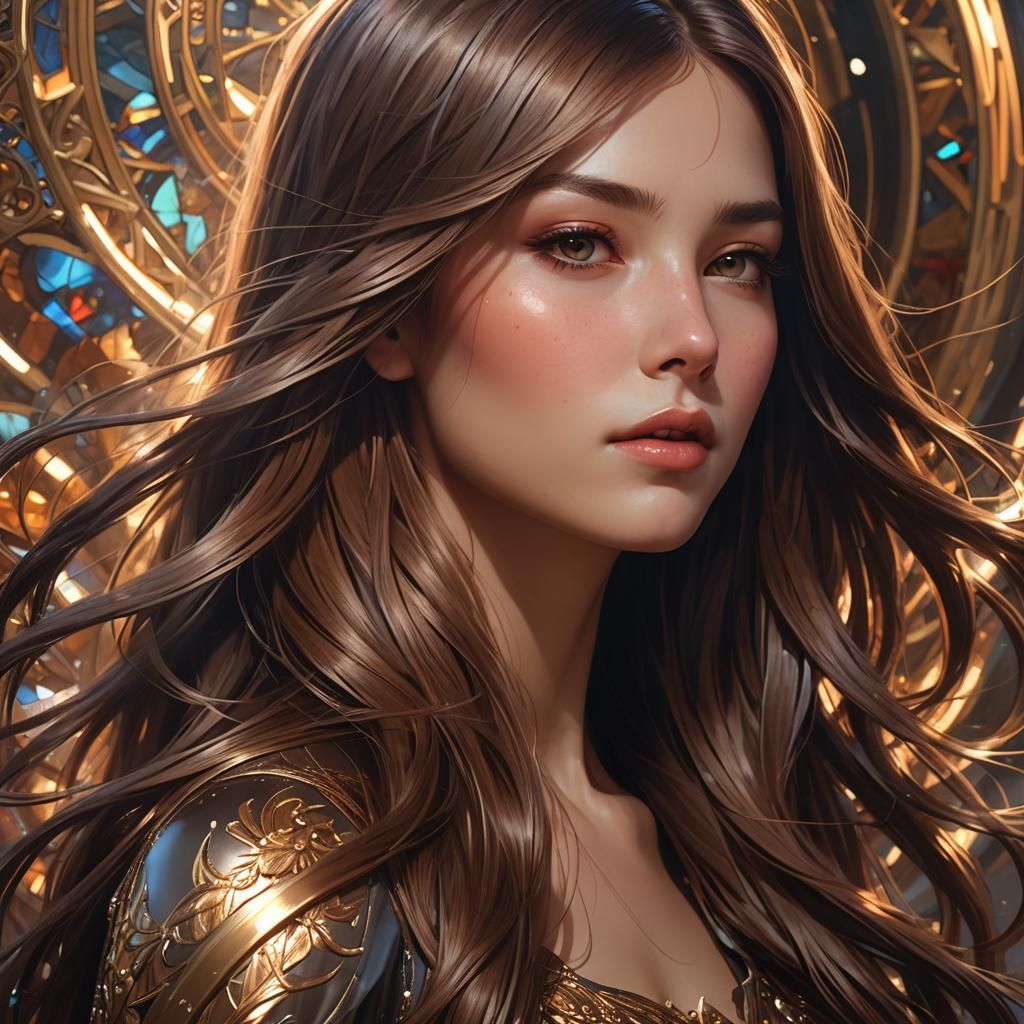 Beautiful Woman Portrait with Flowing Brown Hair