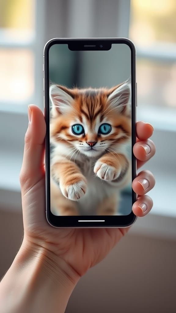 Realistic Smartphone Features Cute Kitten in Window Light