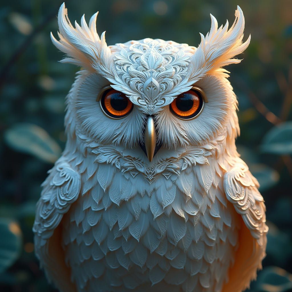 Ethereal Silver Metal Owl in a Futuristic Dreamworld