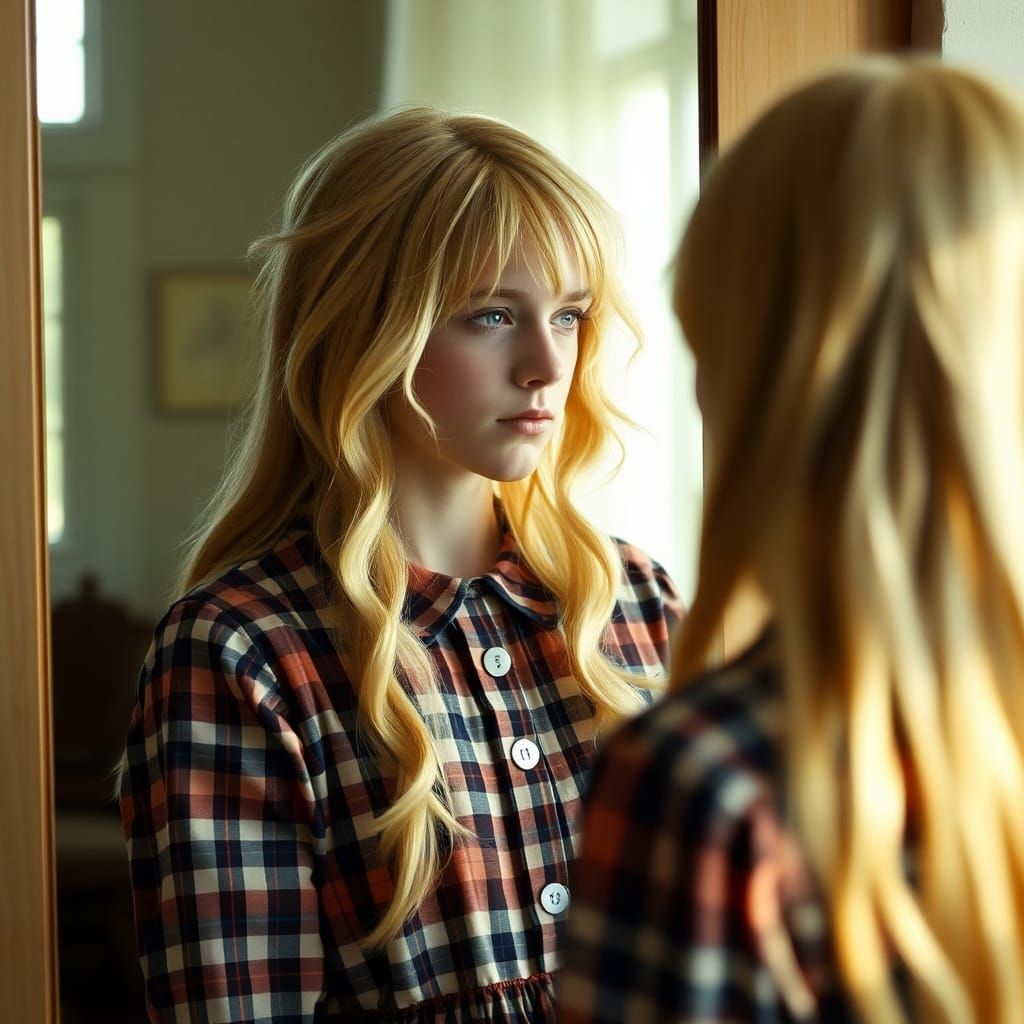 Masculine Blonde Boy in Plaid Dress Reflecting