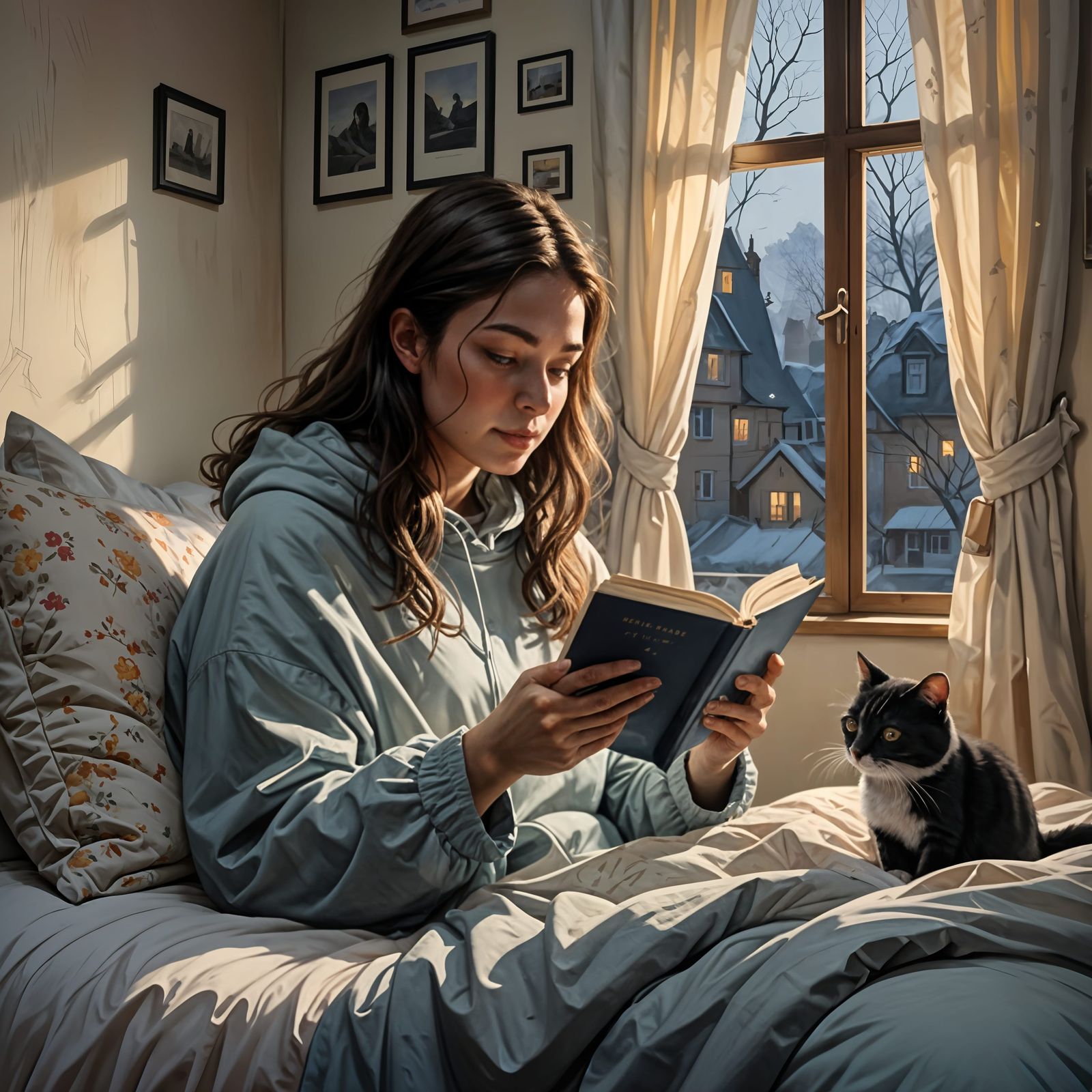 Girl Cozy Under Covers with Book and Tea in Hyperrealistic S...