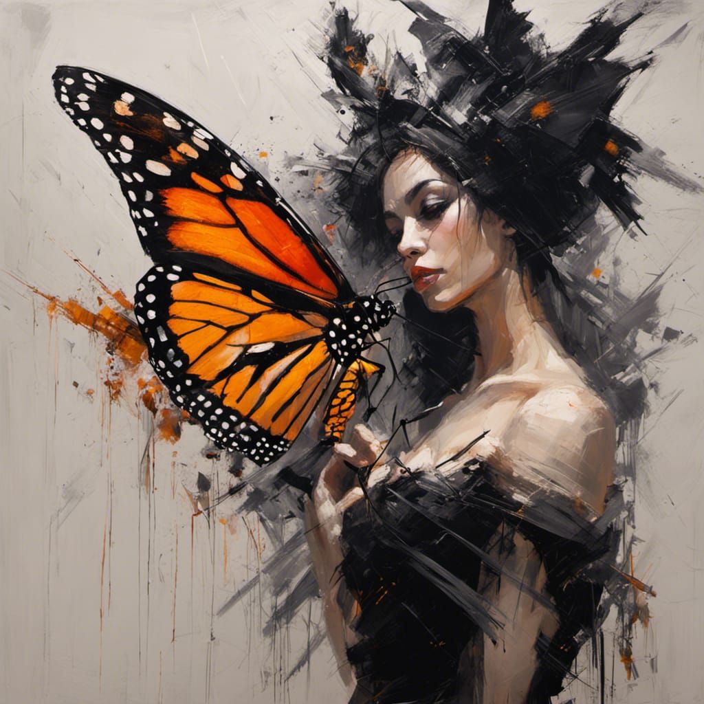 A monarch butterfly and beautiful woman.