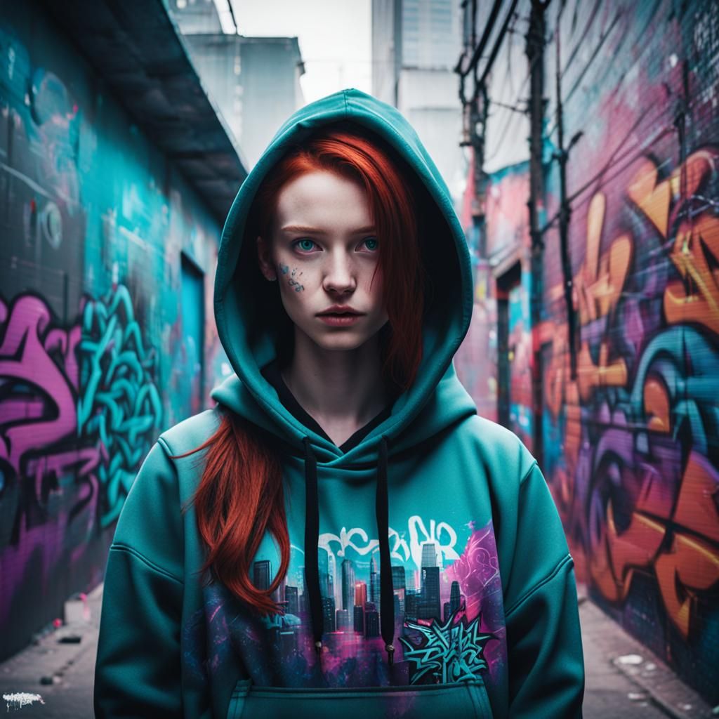 Cyberpunk Redhead in Graffiti Alley: Cinematic Still