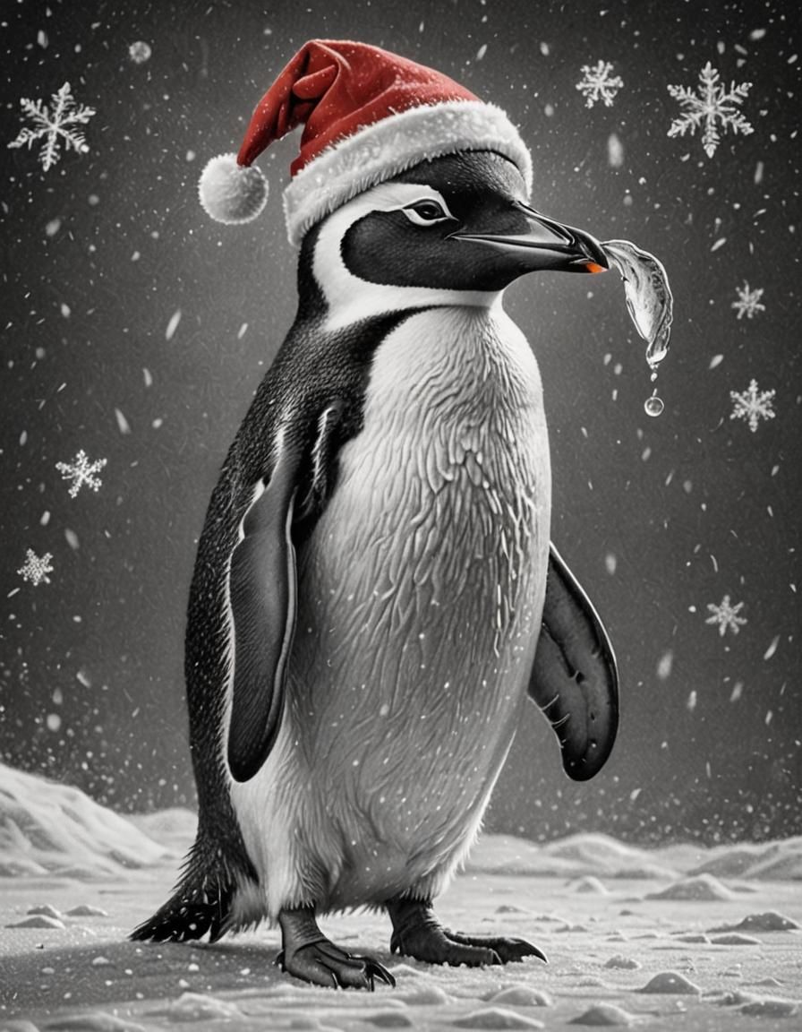 A South Pole penguin Christmas hyperdetailed charcoal drawin...