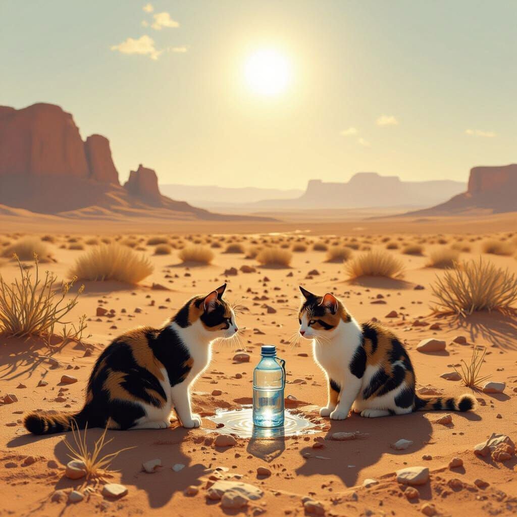 Tiny Cat Drinks Water in Sweaty Desert Landscape