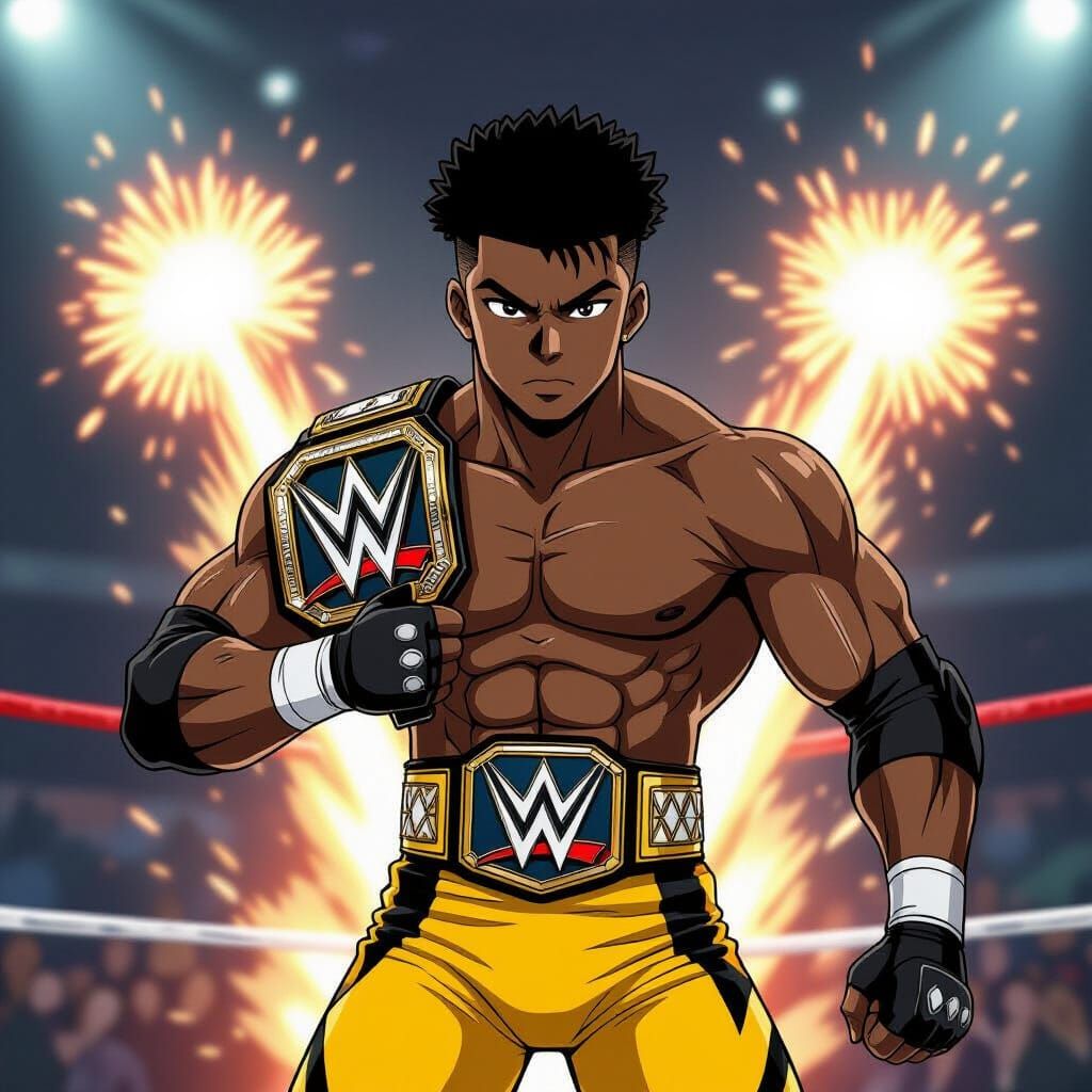 Anime Wrestler with Championship in Pyro Show