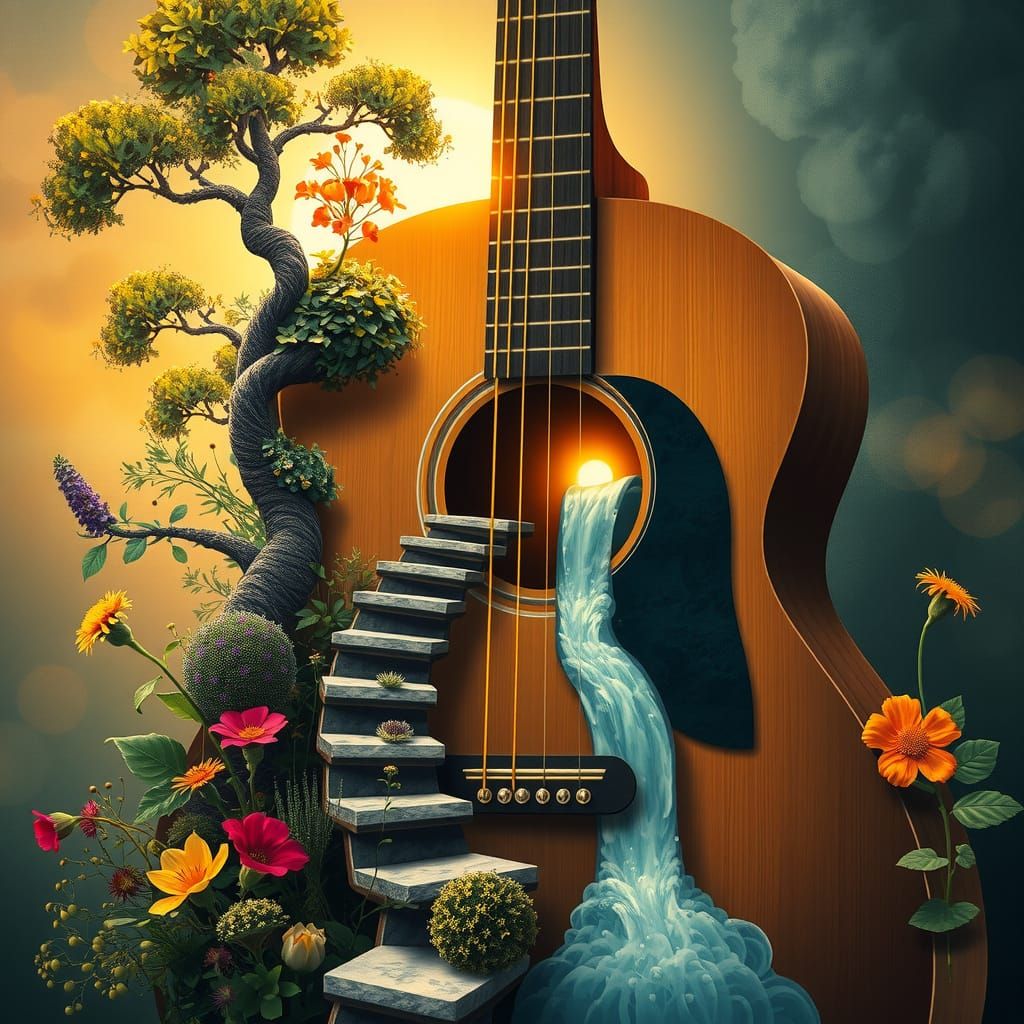 Surreal Guitar with Waterfall and Growing Nature