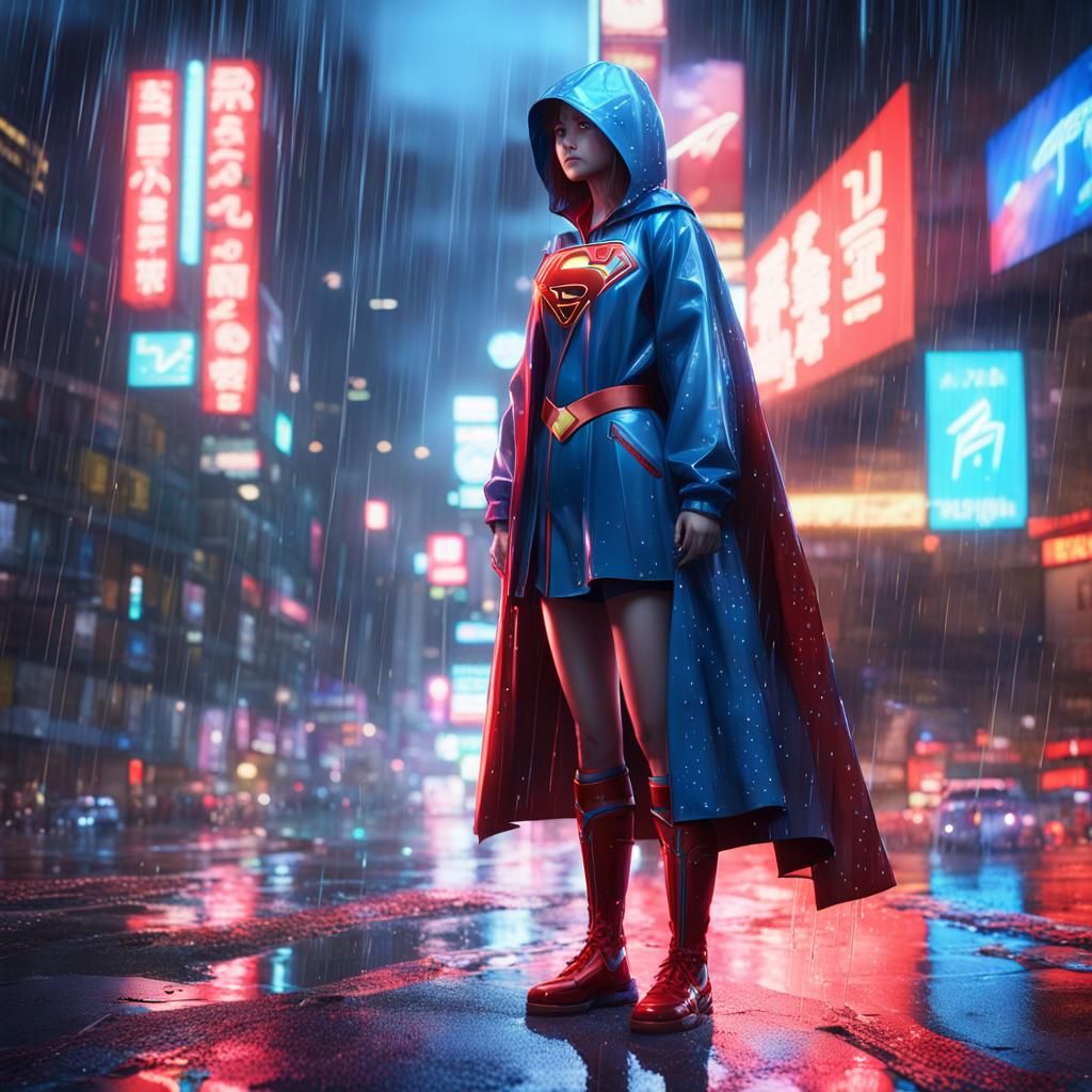 Supergirl in Neon Raincoat, Hyper-Realistic Anime Art