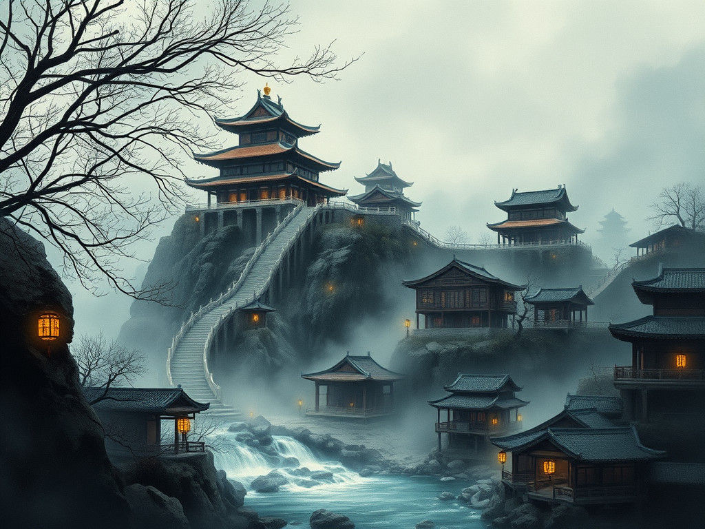 Ancient Chinese Temple Amidst Rocky Cliffs in Watercolor Sty...