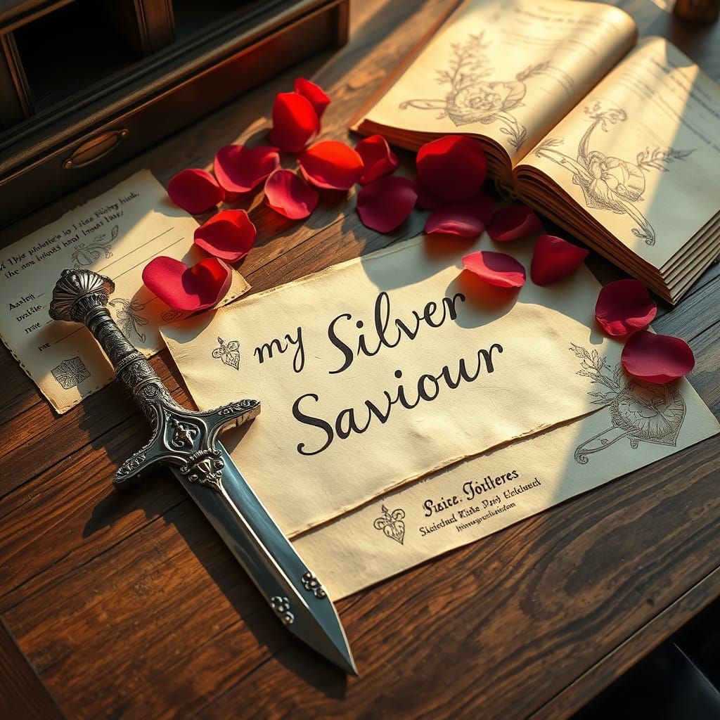 Art Nouveau Desk with Silver Dagger and Rose Petals