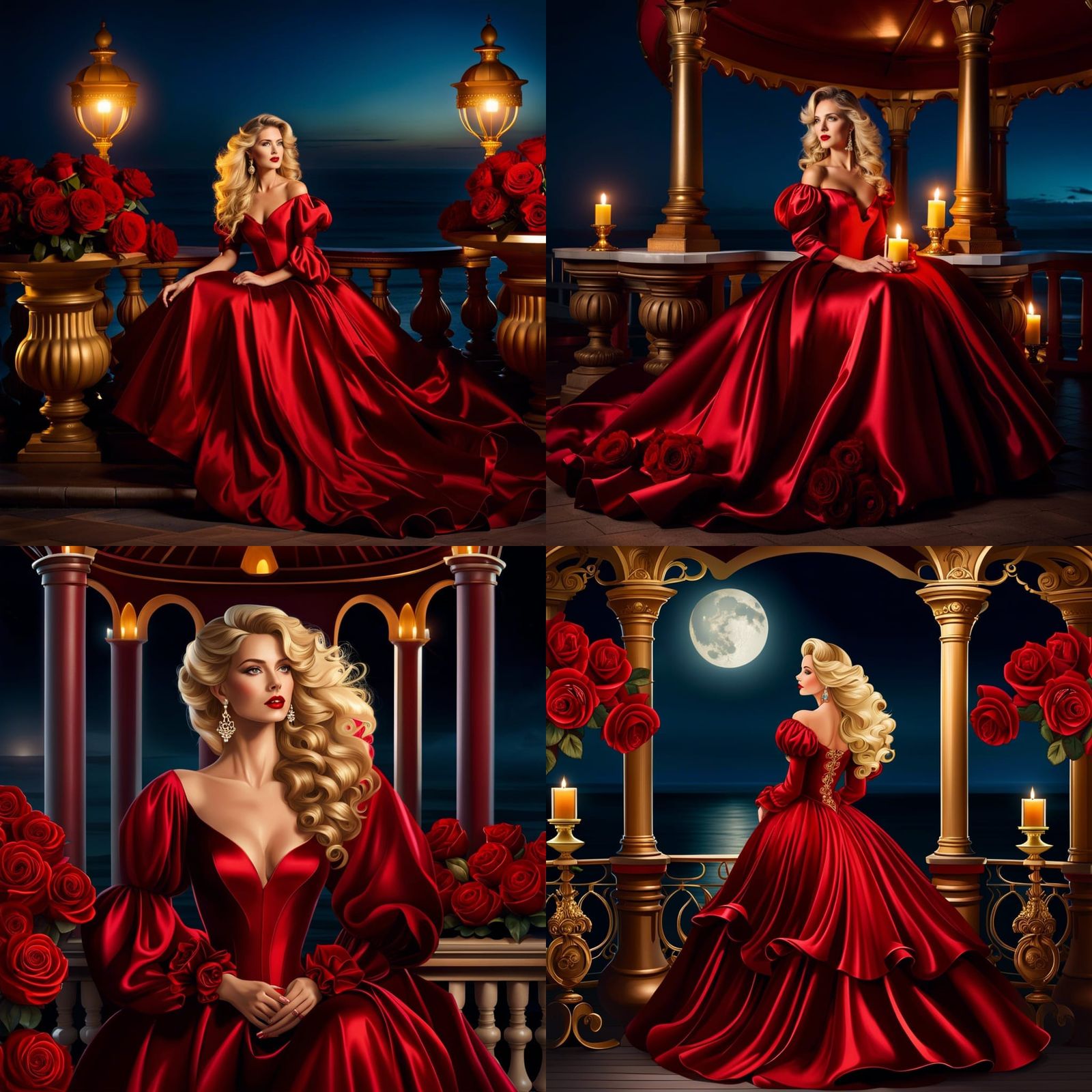 A beautiful blonde woman with long wavy hair wearing a deep red satin puffy flowing gown with puffy sleeves, very attrac...