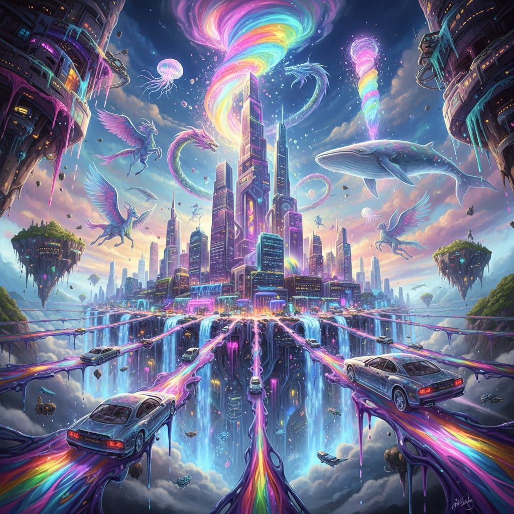 Hyper-Surreal Liquid Metropolis with Neon Rivers and Flying ...