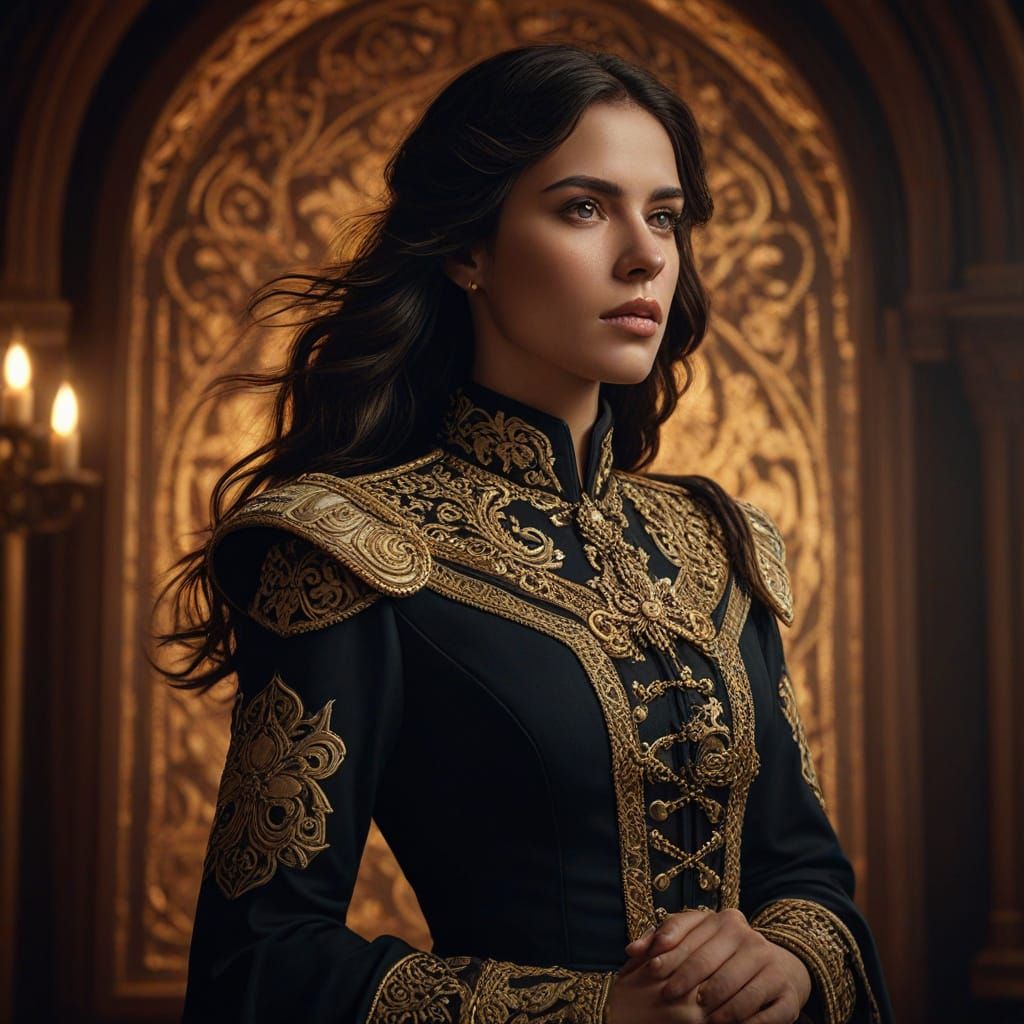 Medieval Spanish Captain Poses in Art Nouveau Style