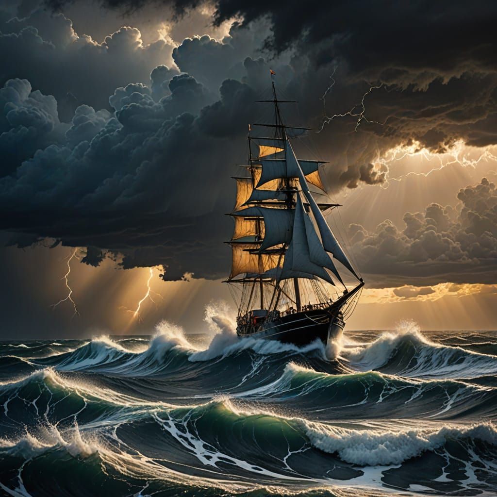Sailboat Sails Through Turbulent Waves in a 19th Century Rom...
