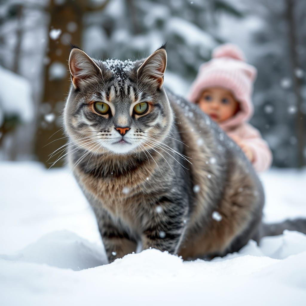Serene Winter Moment with a Grey Cat and Young Girl