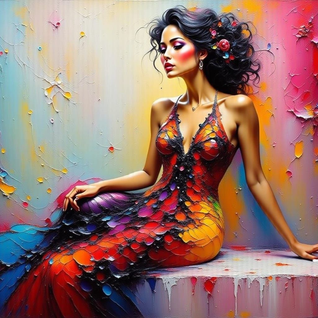 Vibrant Impasto Portrait of Woman in Elegant Dress